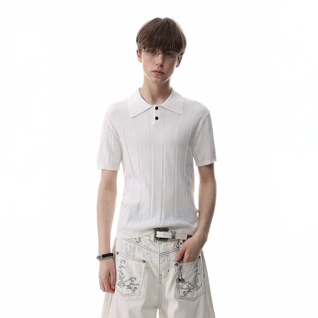 TREND ST Retro Texture Pit Strip Slim Knitted Polo Shirt Short Sleeve Men's Summer Old Money Style Shoulder T-shirt
