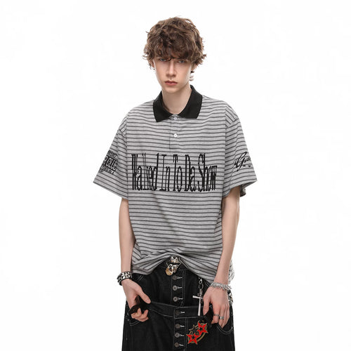 American retro striped contrasting lapel T-shirt men's 2026 summer fashion trendy brand loose letter printed polo shirt short sleeved