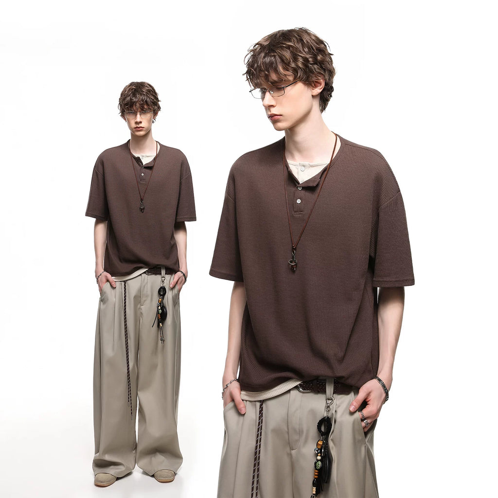 TREND ST American Retro Fake Two Piece Henry Collar Short Sleeve T-shirt for Men and Women Summer Loose Casual Couple T-shirt