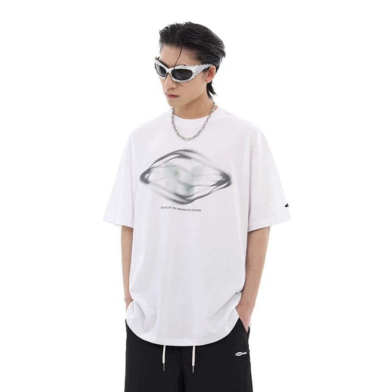 American high street abstract printed pure cotton short sleeved t-shirt men's summer trendy brand trendy loose couple half sleeved top