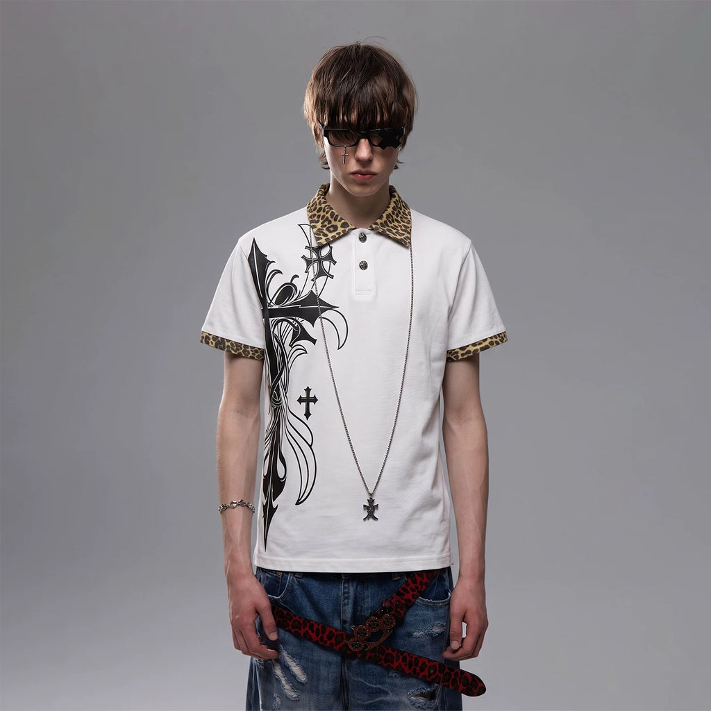 Light Asian street punk cross print shoulder T-shirt short sleeved men's summer boxy version leopard print patchwork polo shirt