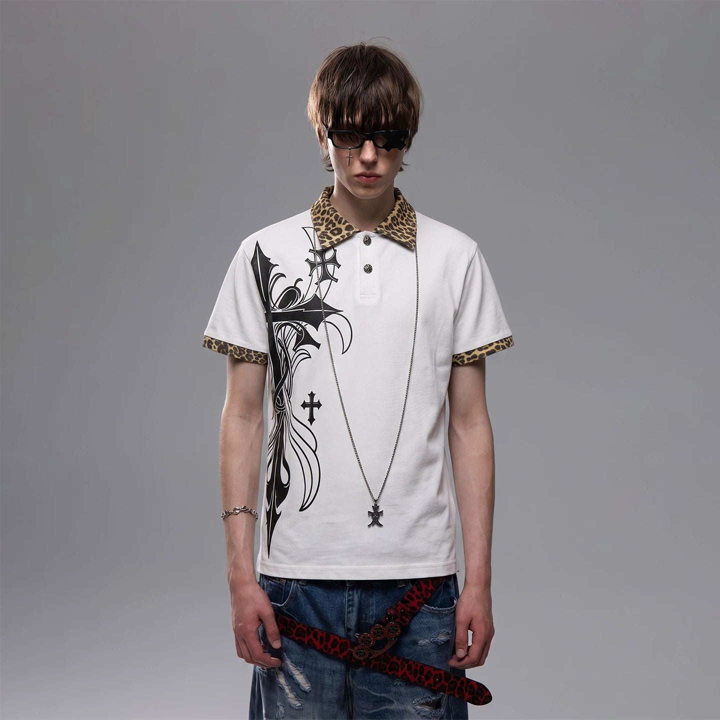 Light Asian street punk cross print shoulder T-shirt short sleeved men's summer boxy version leopard print patchwork polo shirt