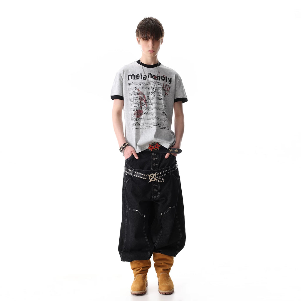 TREDN ST Original Street Note Score Printed Solona T-shirt Men's Summer Boxy Short Shoulder Short Sleeve