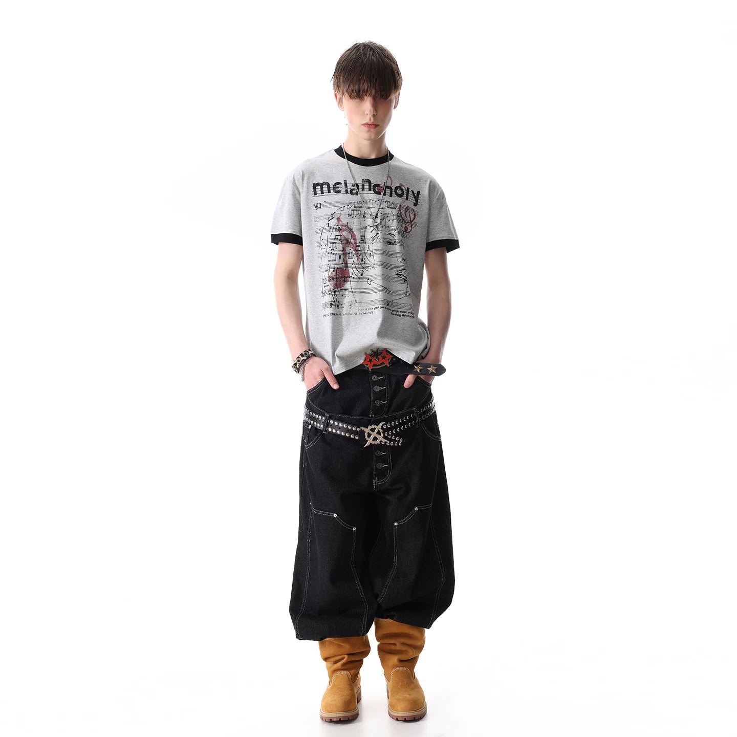 TREDN ST Original Street Note Score Printed Solona T-shirt Men's Summer Boxy Short Shoulder Short Sleeve