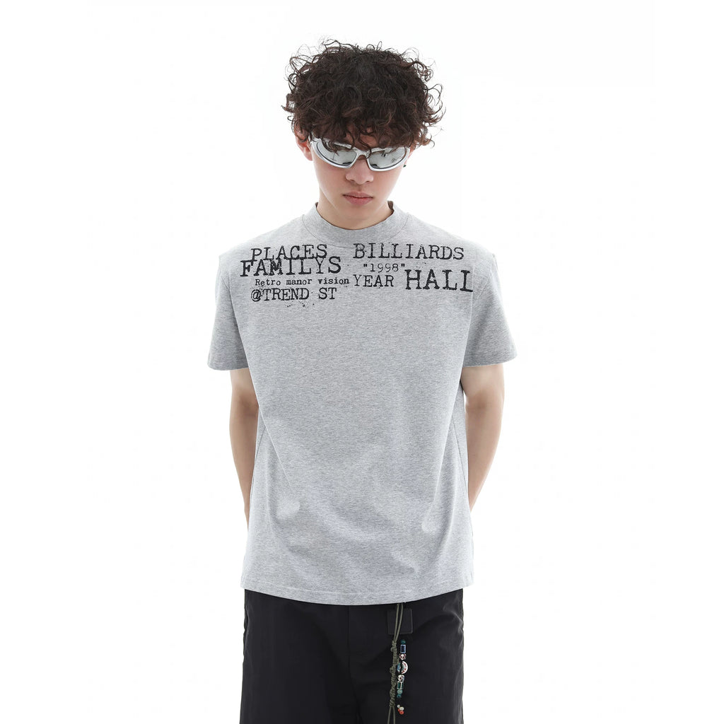 Summer niche letter printed high round neck casual short sleeved shirt for men and women, American style short cut, slim fit, elastic shoulder T-shirt trendy