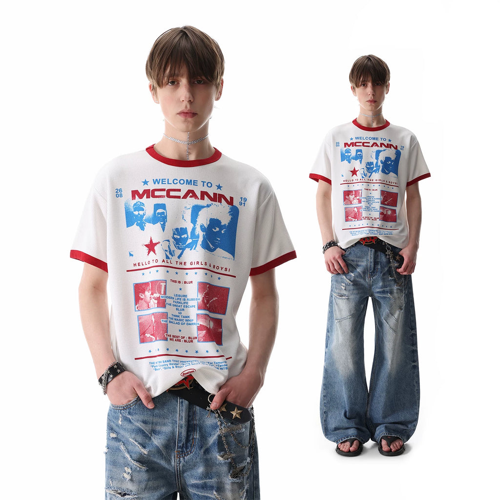 TREND ST Rock Band Character Printed Waffle Short sleeved T-shirt Men's Summer Boxy Version Shoulder Top