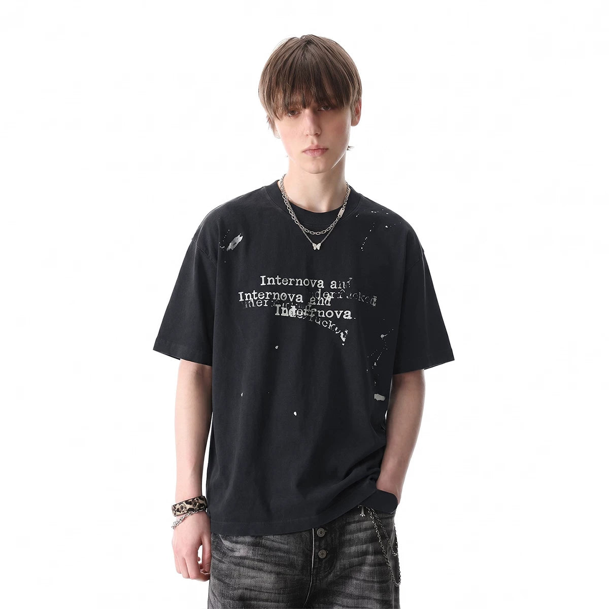 TREND ST Retro Washed Vintage T-shirt for Boys Summer Street Hip Hop Graffiti Printed Loose Short Sleeves