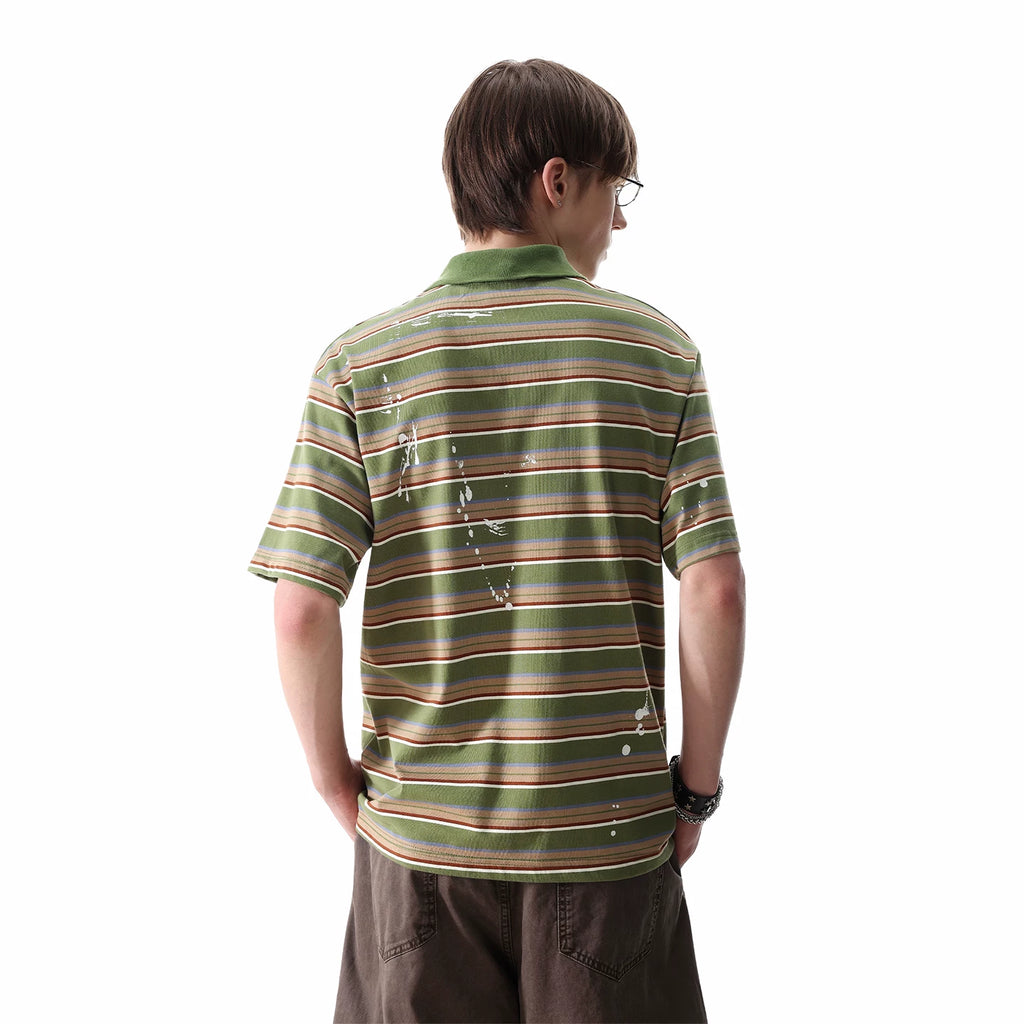 TREND ST American contrasting horizontal stripe polo shirt short sleeved men's and women's summer loose ink splashed embroidery half sleeved T-shirt