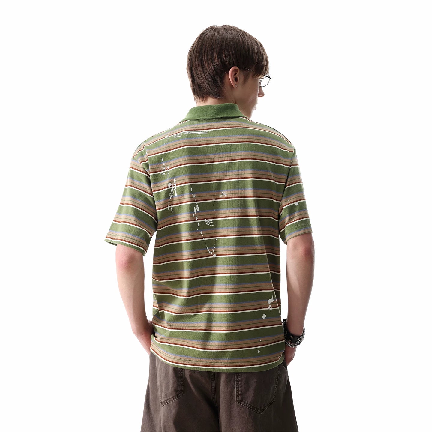 TREND ST American contrasting horizontal stripe polo shirt short sleeved men's and women's summer loose ink splashed embroidery half sleeved T-shirt