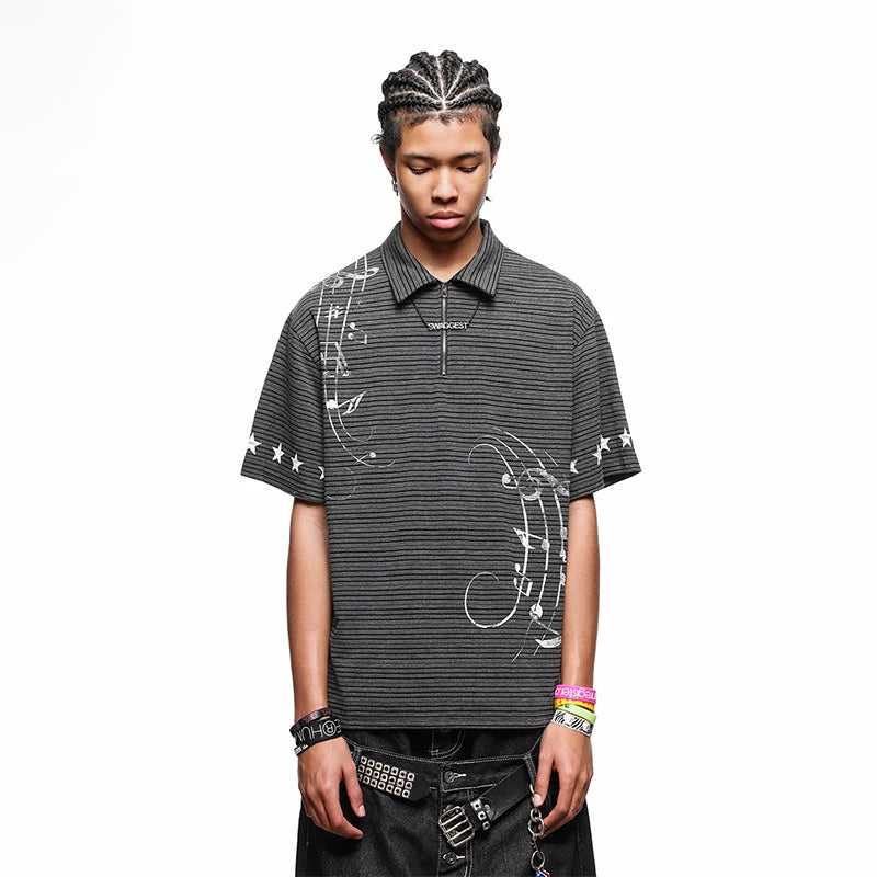 Original Trendy Street Label Music Note Star Printed Polo Shirt Short Sleeve Men's Summer Half Zipper Loose Stripe T-shirt