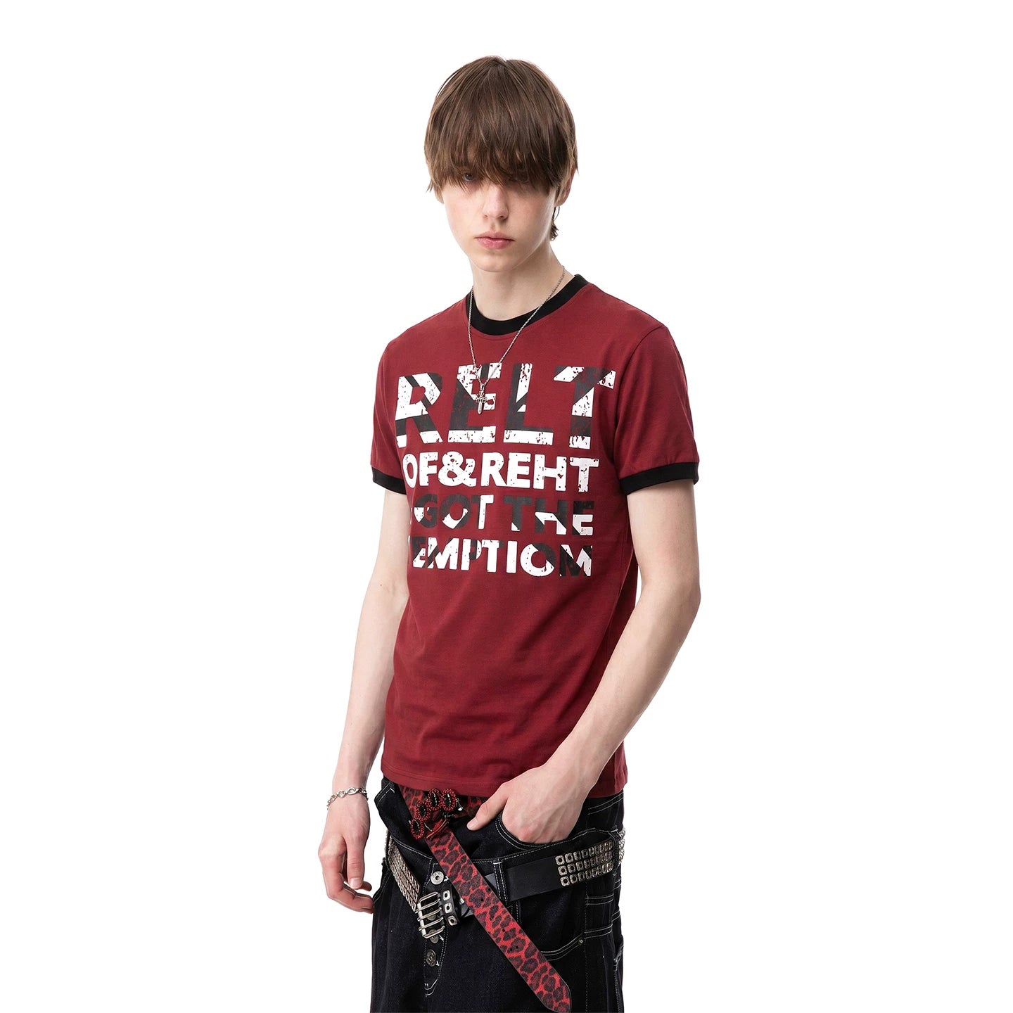 TREND ST street light Asian style shoulder short sleeved T-shirt for men in summer, contrasting color round neck slogan printed couple's T-shirt