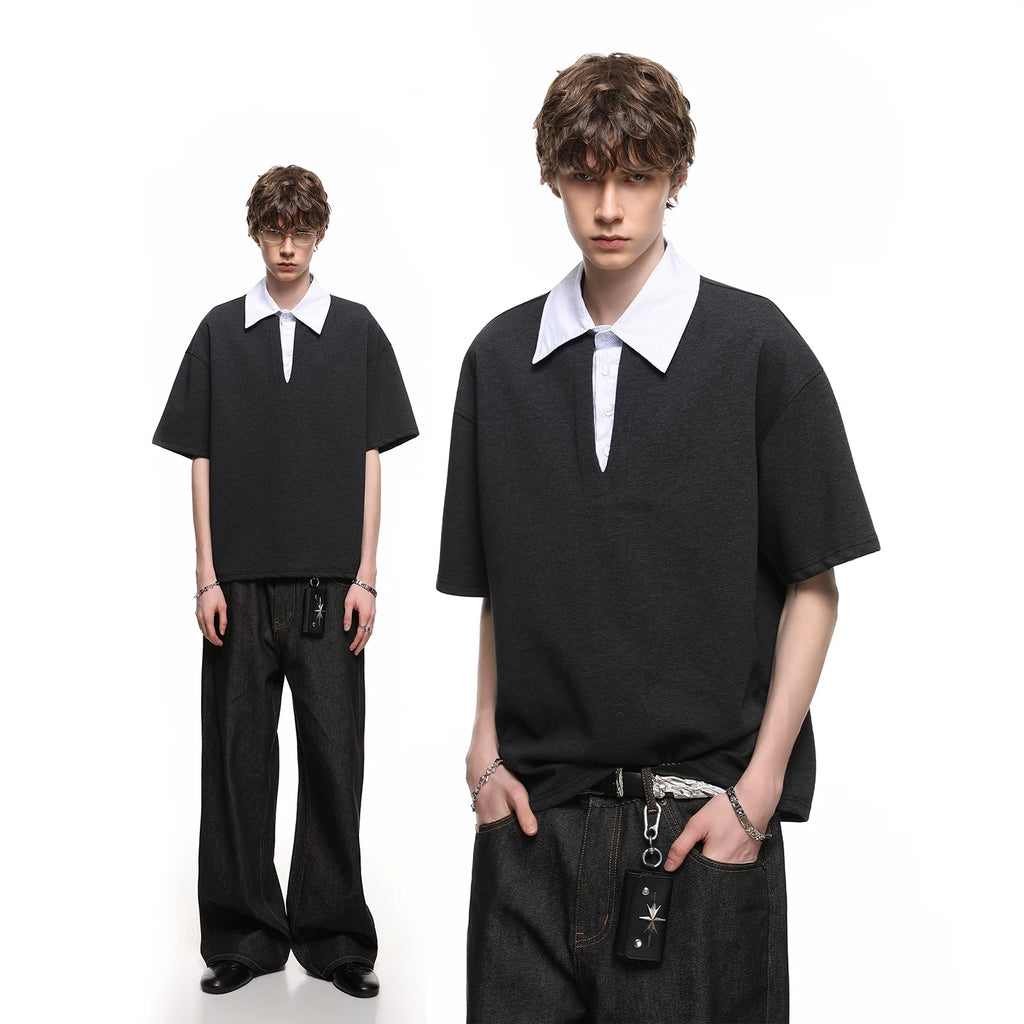 Trendy block cleanfit fake two piece shirt collar short sleeved T-shirt men's summer loose college style polo shirt top