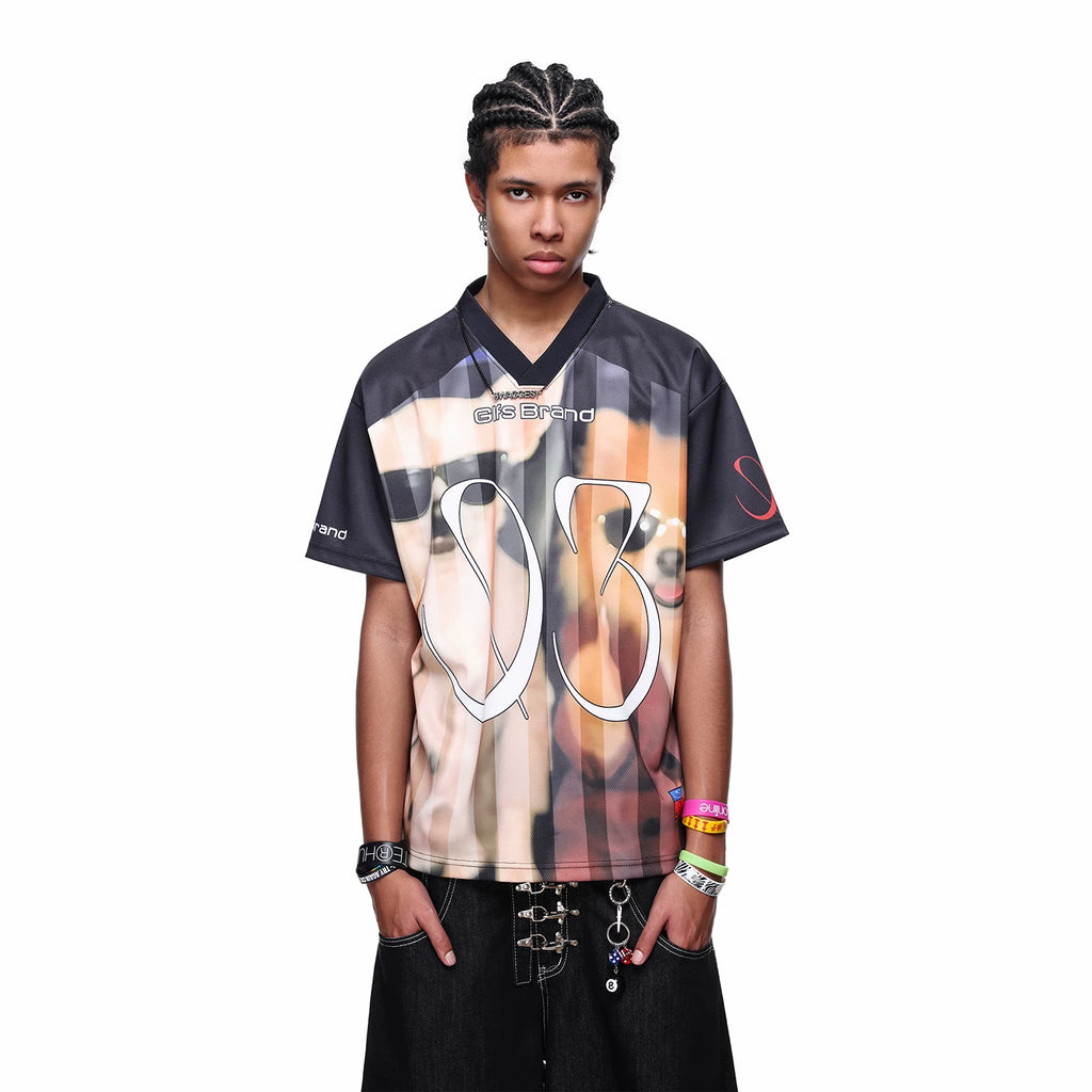TREND ST trendy American V-neck sports jerseys for men and women, summer dog print short sleeved t-shirts, loose baseball jerseys