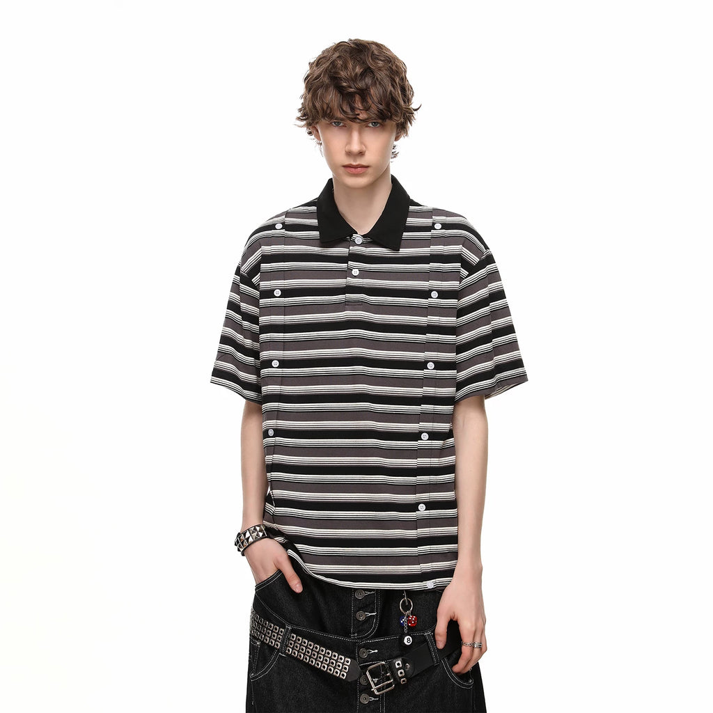 Trendy block clean fit design double row button polo shirt short sleeved men's summer loose casual striped T-shirt