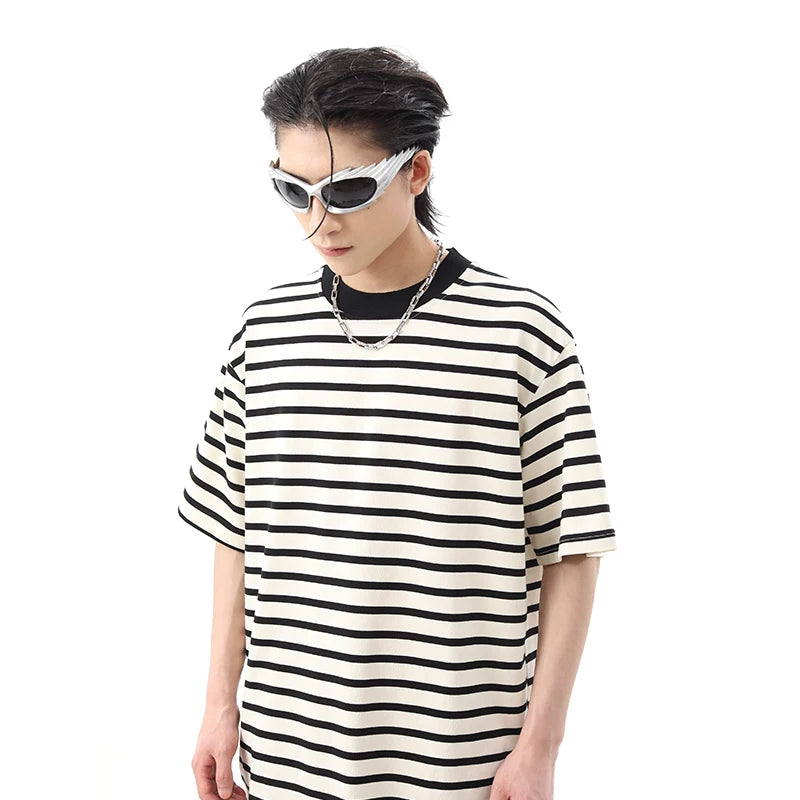 Japanese retro cityboy loose striped short sleeved t-shirt men's summer ins trendy brand small collar couple half sleeved tee