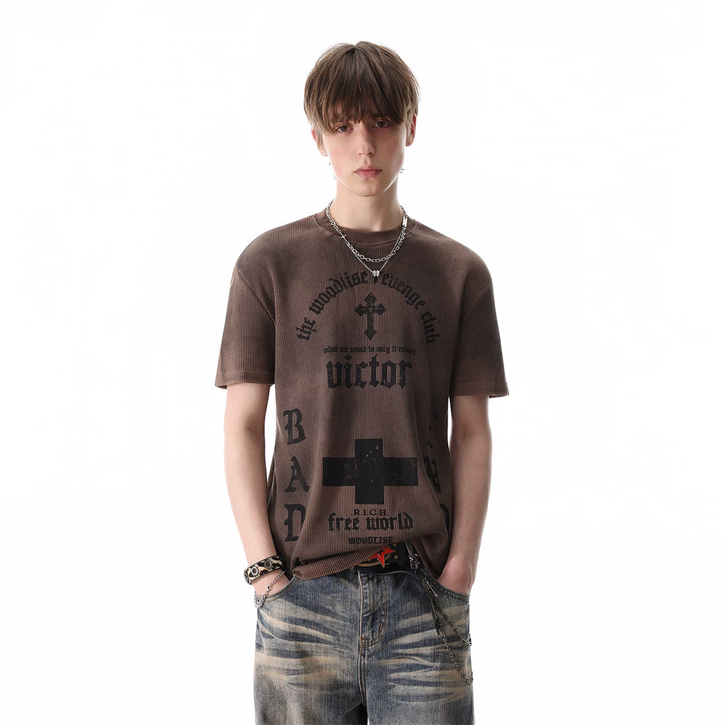 TRENDST street punk light Asian style vintage front shoulder short sleeved T-shirt for men's summer gothic printed waffle top