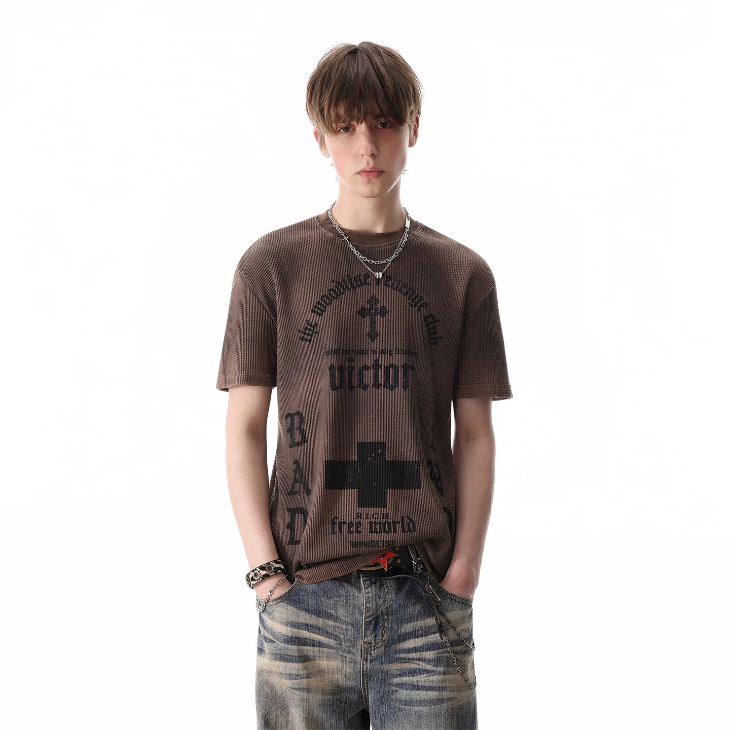 TRENDST street punk light Asian style vintage front shoulder short sleeved T-shirt for men's summer gothic printed waffle top