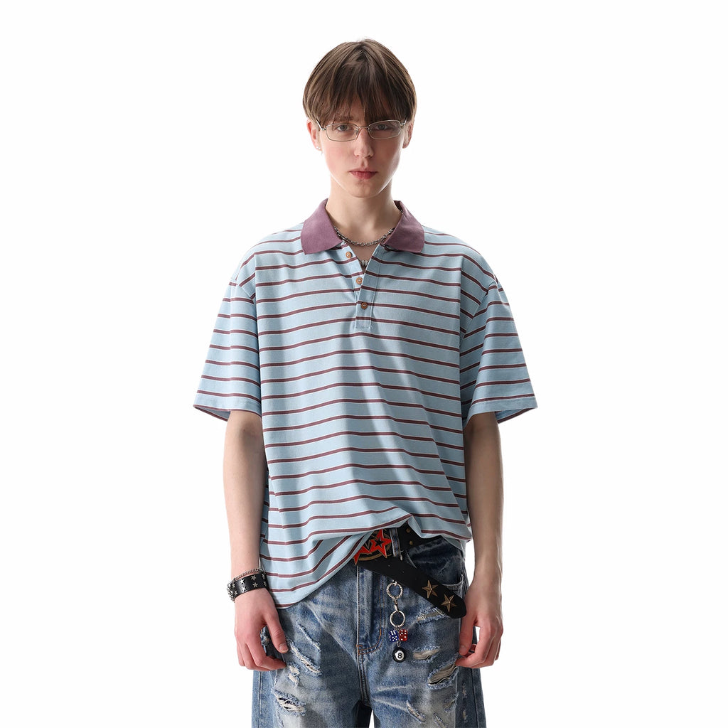 TREND ST retro contrasting striped polo shirt short sleeved men's summer 2026 new loose casual collar T-shirt