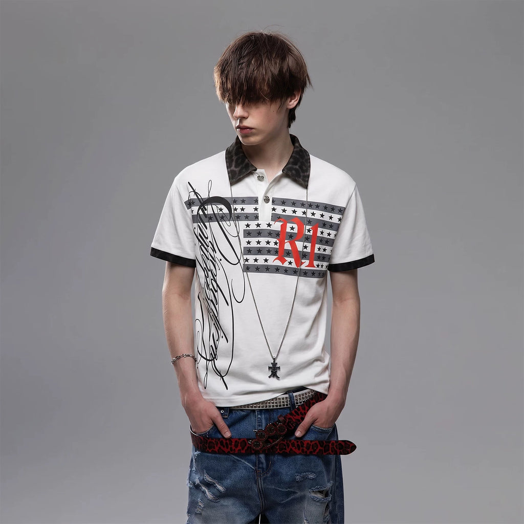 TREND ST Street Punk Printed Shoulder Short sleeved T-shirt for Men's Summer Leopard Pattern Splicing Boxy Short Polo Shirt