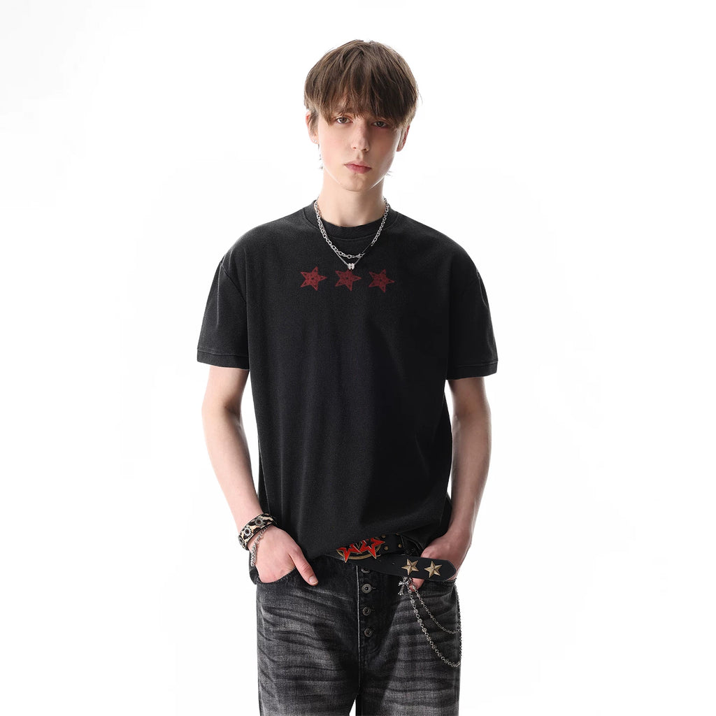 TREND ST American Street Letter Printed Short sleeved T-shirt Men's and Women's Contrast Round Neck Light Asian Boxy Shoulder Top