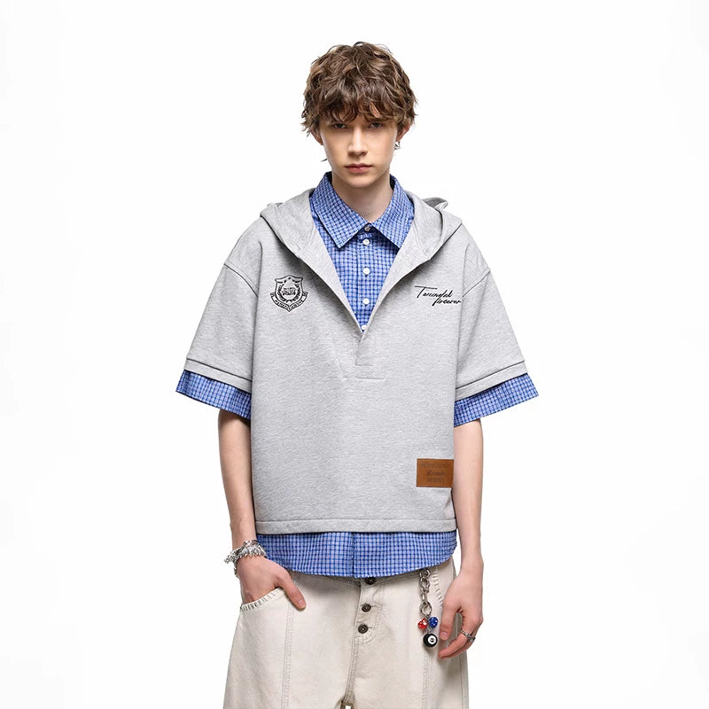 TREND ST American style fake two piece checkered shirt short sleeved summer high-end hooded T-shirt for men and women couple top