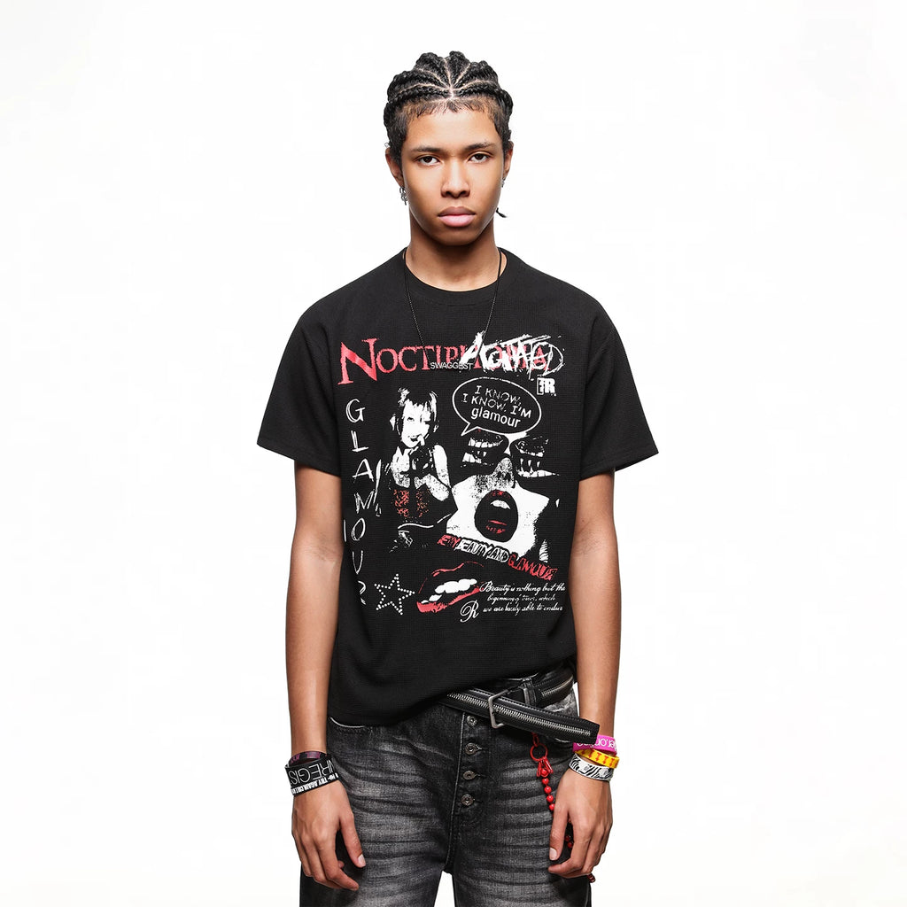 TREND ST American High Street Printed Short sleeved T-shirt for Men's Summer Punk Rock Style Shoulder Boxy Version Half Sleeve