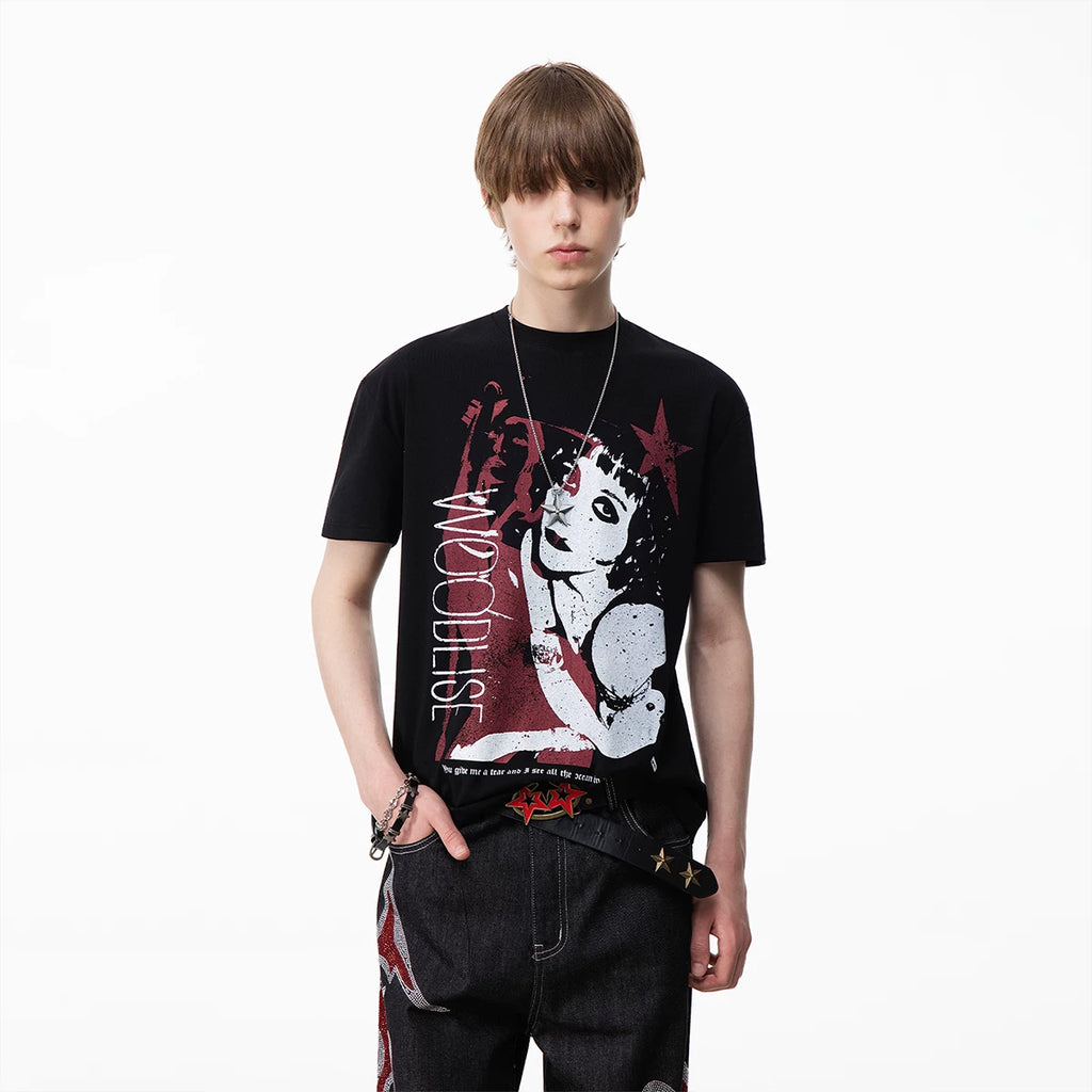 TREND ST Street Light Asian Punk Character Printed Short sleeved T-shirt for Men and Women Summer Boxy Shoulder Couple Top