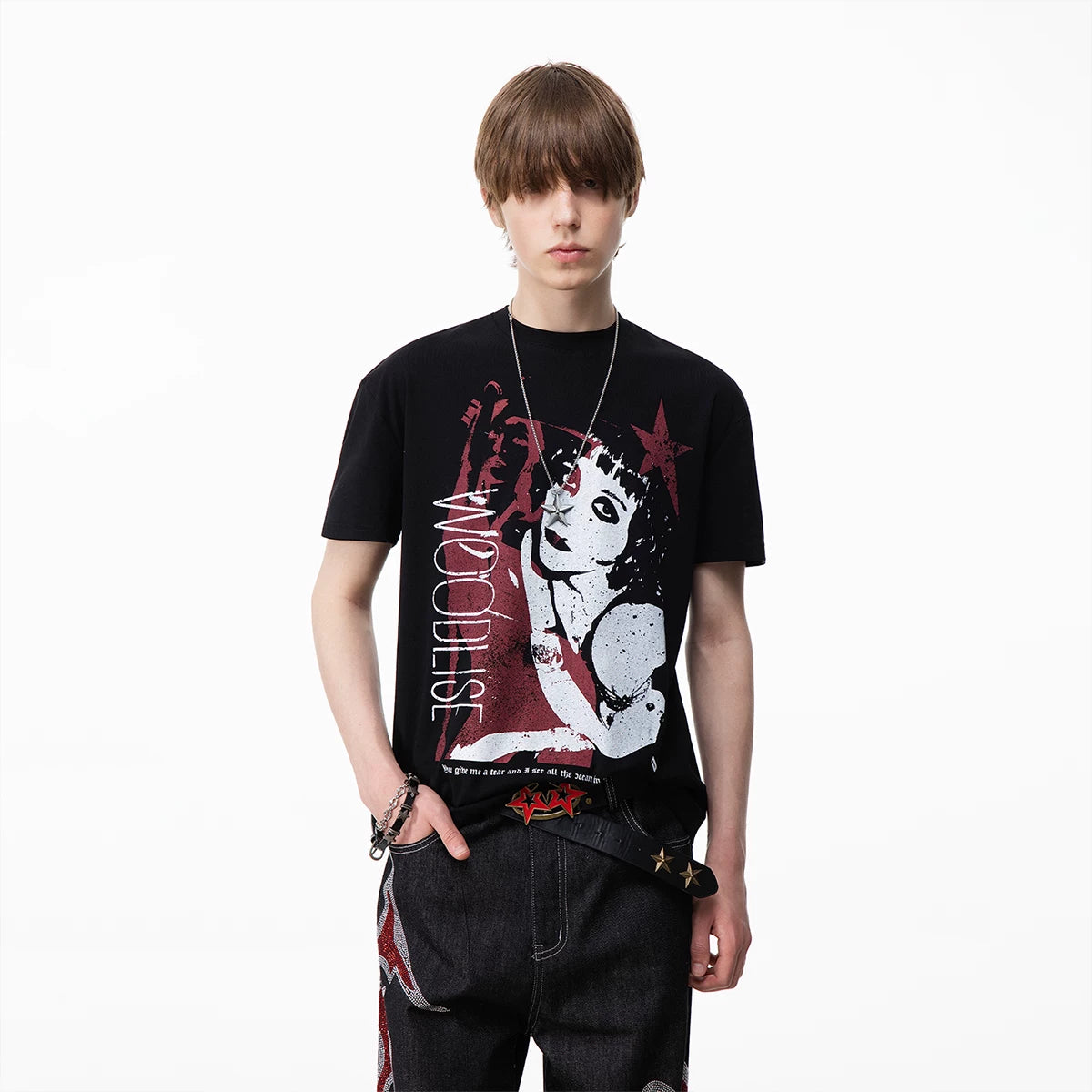 TREND ST Street Light Asian Punk Character Printed Short sleeved T-shirt for Men and Women Summer Boxy Shoulder Couple Top