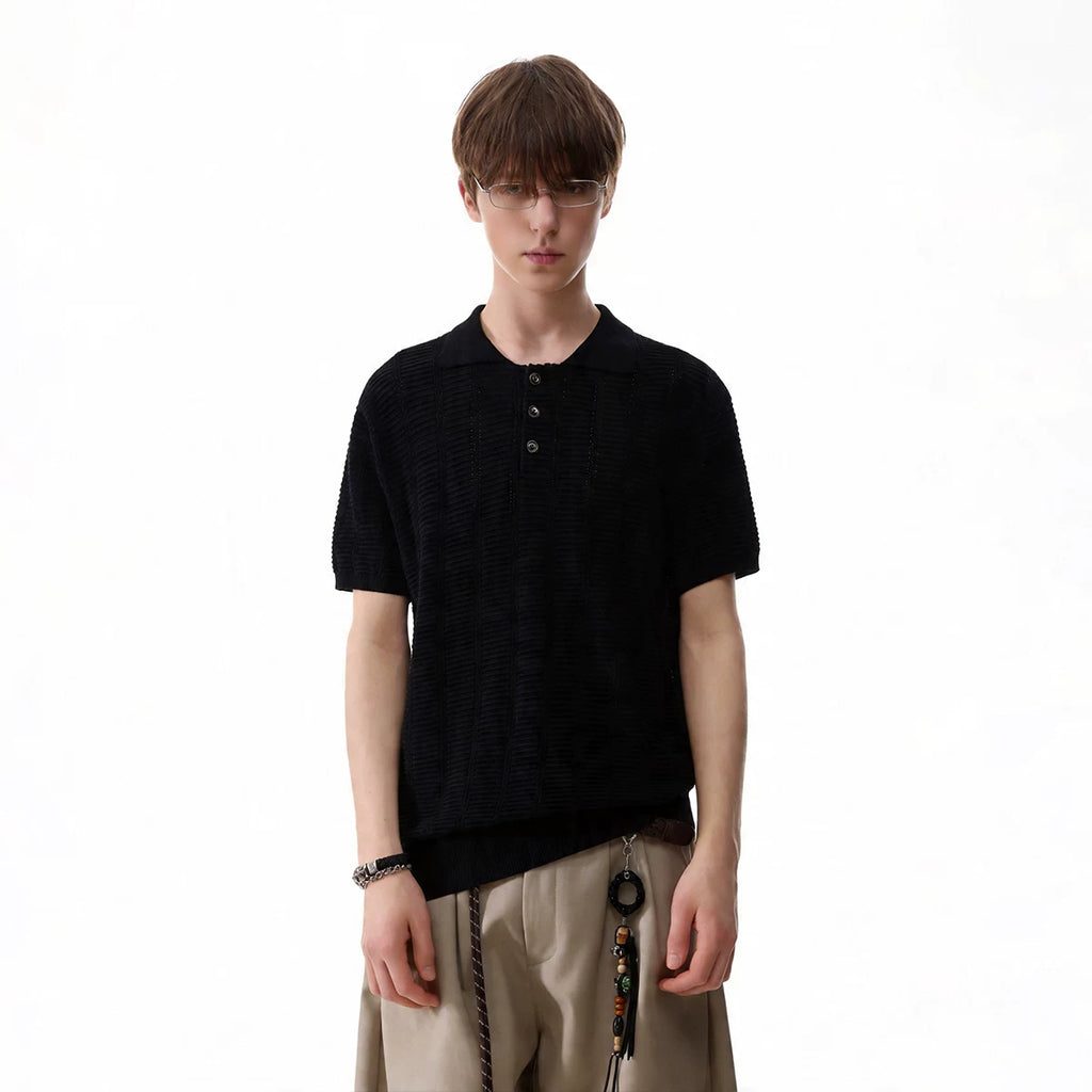TREND ST old money style pit stripe texture knitted short sleeved polo shirt for men's summer retro short wide lapel T-shirt