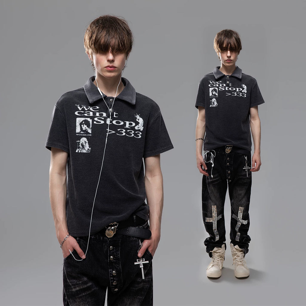 TREND ST Street Punk Retro Washed Vintage Printed Short Sleeve Polo Shirt for Men Summer Boxy Shoulder T-shirt