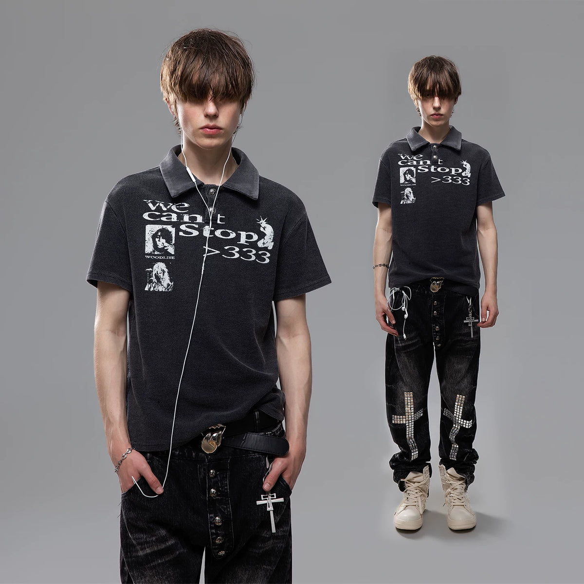TREND ST Street Punk Retro Washed Vintage Printed Short Sleeve Polo Shirt for Men Summer Boxy Shoulder T-shirt