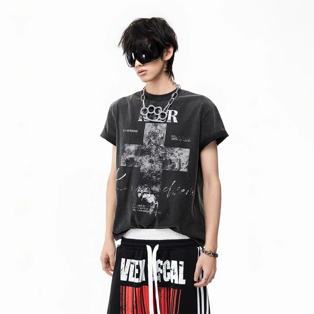 TREND ST Street Light Asia Cross Washed Vintage Printed Short sleeved Men's Summer Boxy Short Shoulder T-shirt
