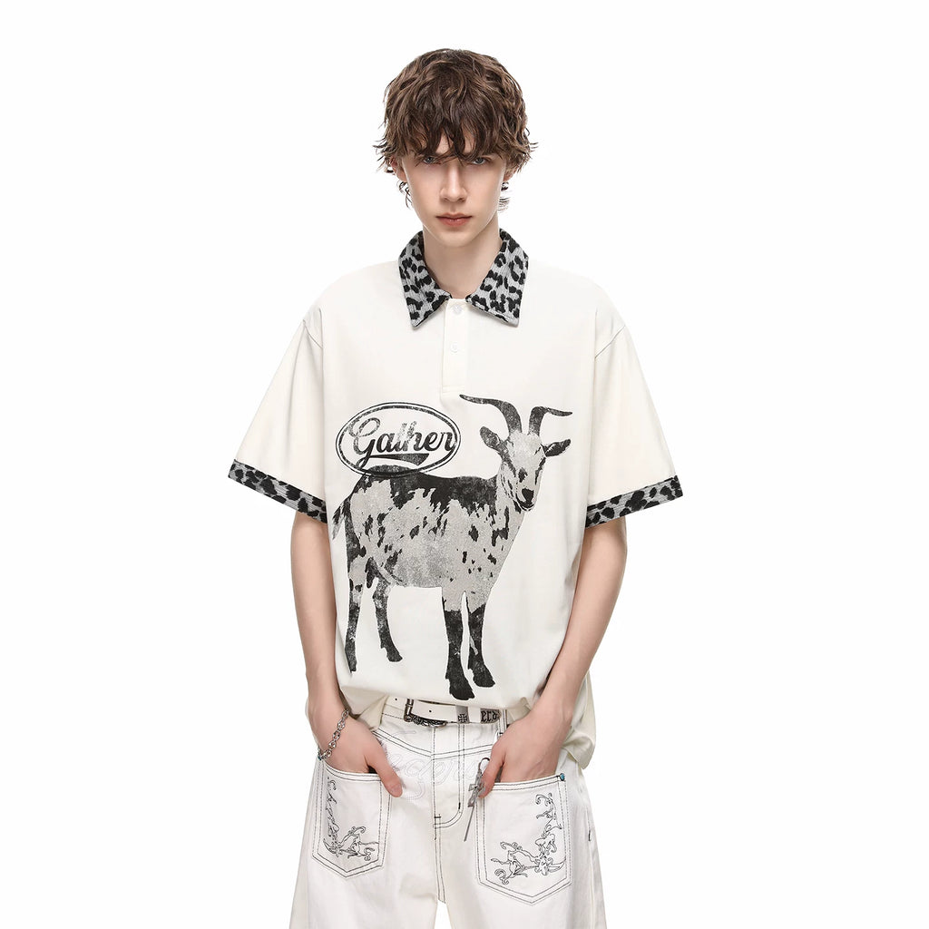 Trendy block American retro leopard print patchwork lapel T-shirt short sleeved men's summer loose goat print polo shirt