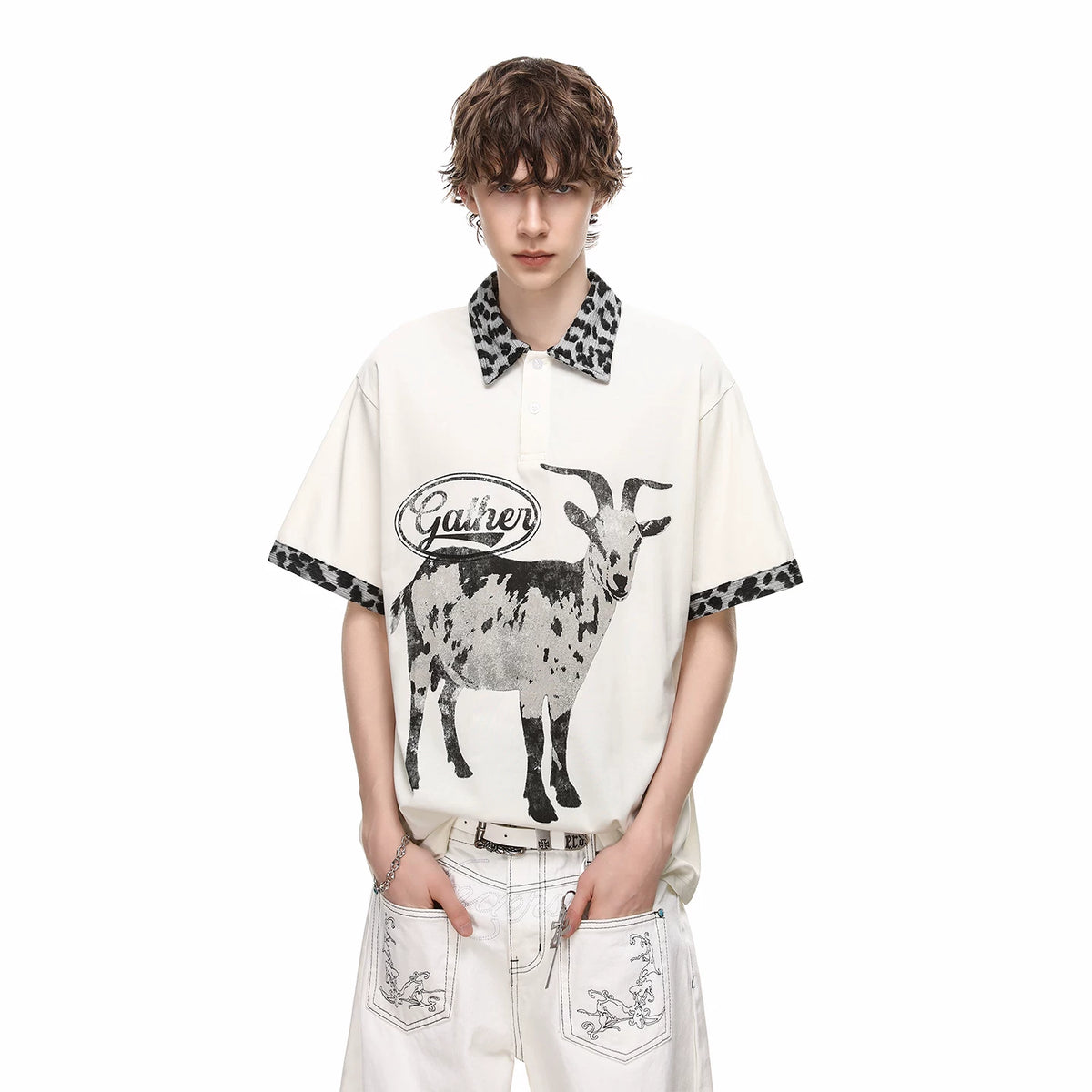 Trendy block American retro leopard print patchwork lapel T-shirt short sleeved men's summer loose goat print polo shirt