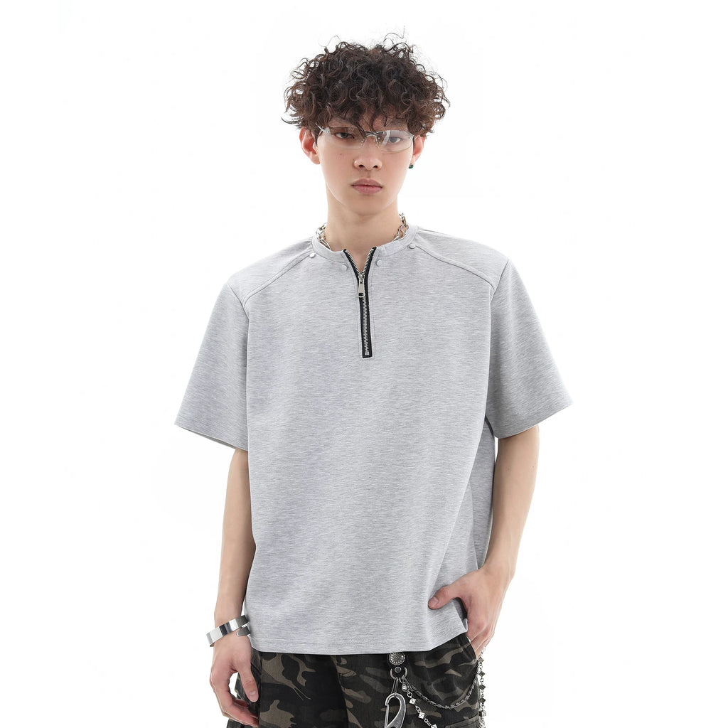 Trend st niche design high street rivet half zipper short sleeved T-shirt men's loose shoulder pad solid color half sleeve TEE