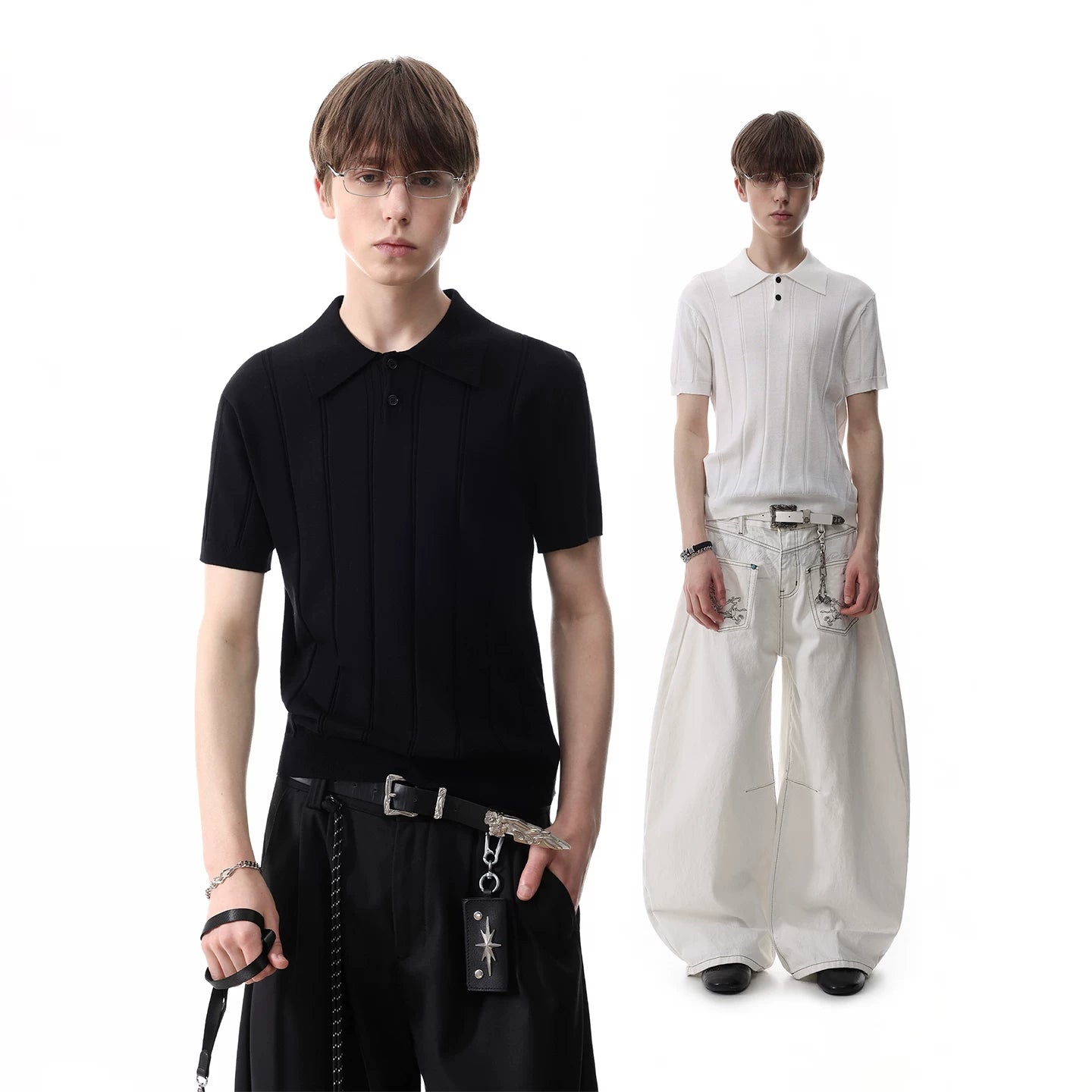TREND ST Retro Texture Pit Strip Slim Knitted Polo Shirt Short Sleeve Men's Summer Old Money Style Shoulder T-shirt