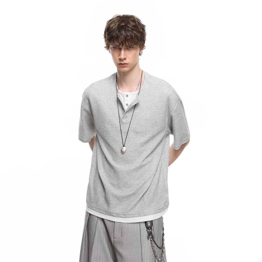 TREND ST Summer Retro Vacation Two Henley Collar Short Sleeve T-shirts for Men and Women Couple American Casual Loose Half Sleeve