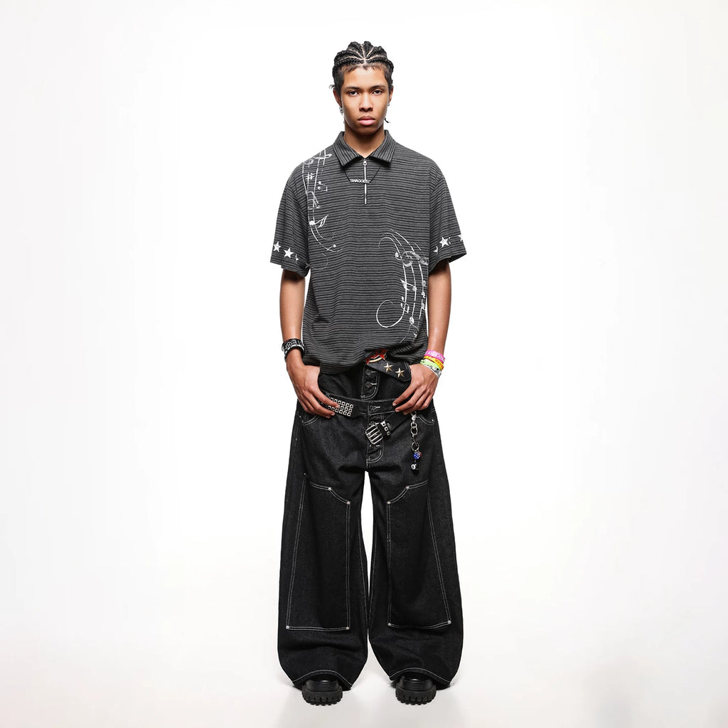 Original Trendy Street Label Music Note Star Printed Polo Shirt Short Sleeve Men's Summer Half Zipper Loose Stripe T-shirt