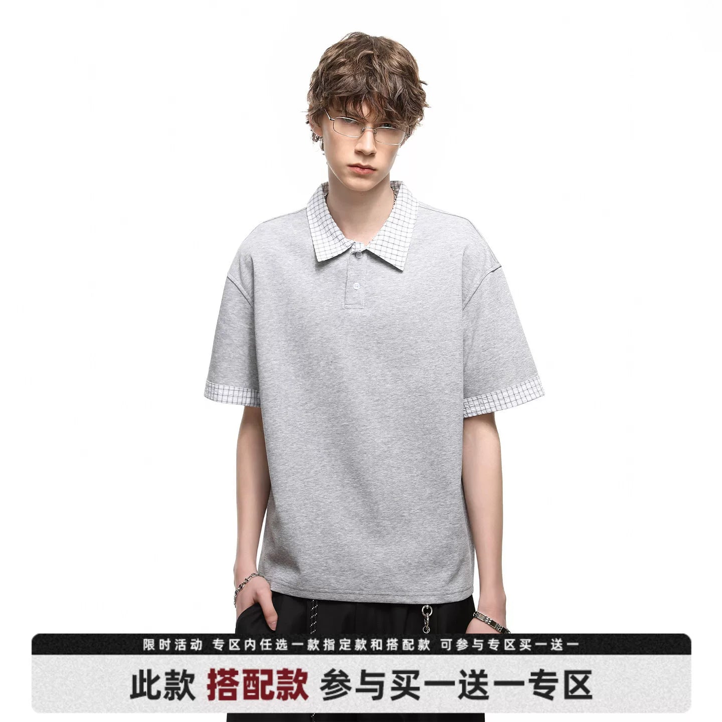 American retro fake two piece polo shirt short sleeved men's summer plaid lapel couple T-shirt cleanfit half sleeve