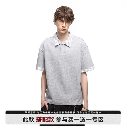 American retro fake two piece polo shirt short sleeved men's summer plaid lapel couple T-shirt cleanfit half sleeve