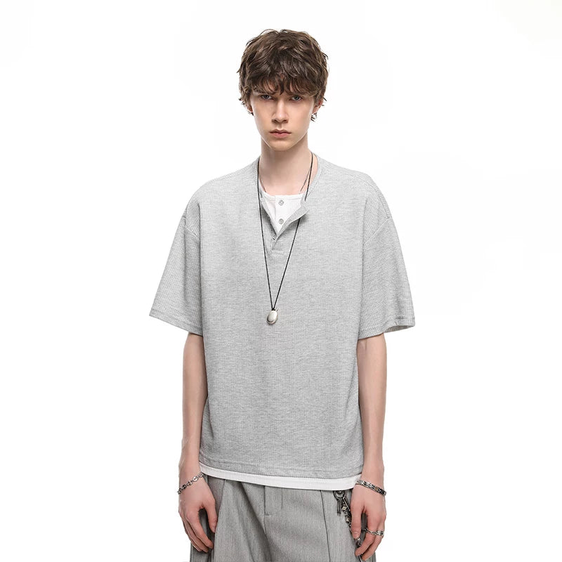TREND ST Summer Retro Vacation Two Henley Collar Short Sleeve T-shirts for Men and Women Couple American Casual Loose Half Sleeve