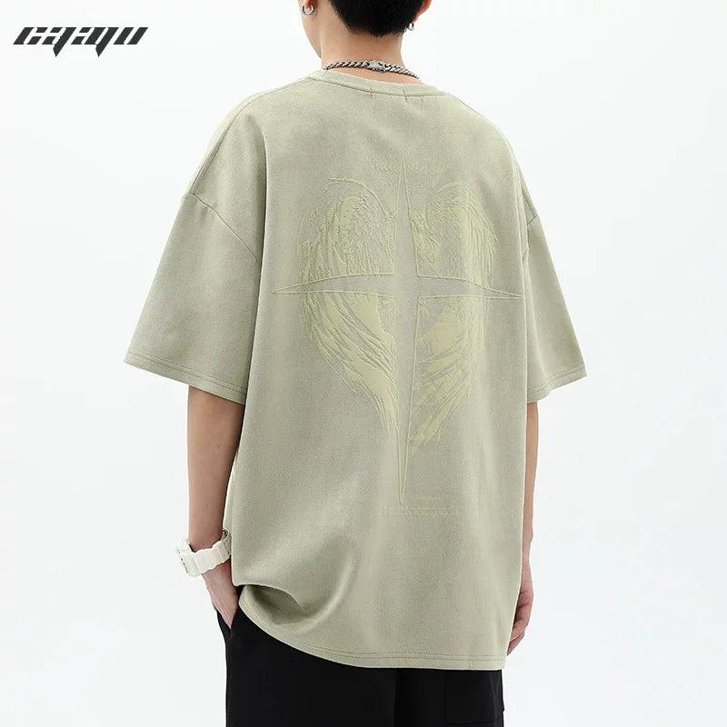 American high street suede angel cross short-sleeved T-shirt men's summer European and American retro loose oversize top