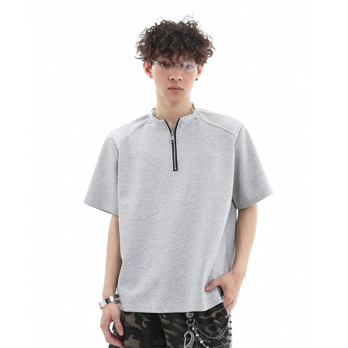 Trend st niche design high street rivet half zipper short sleeved T-shirt men's loose shoulder pad solid color half sleeve TEE