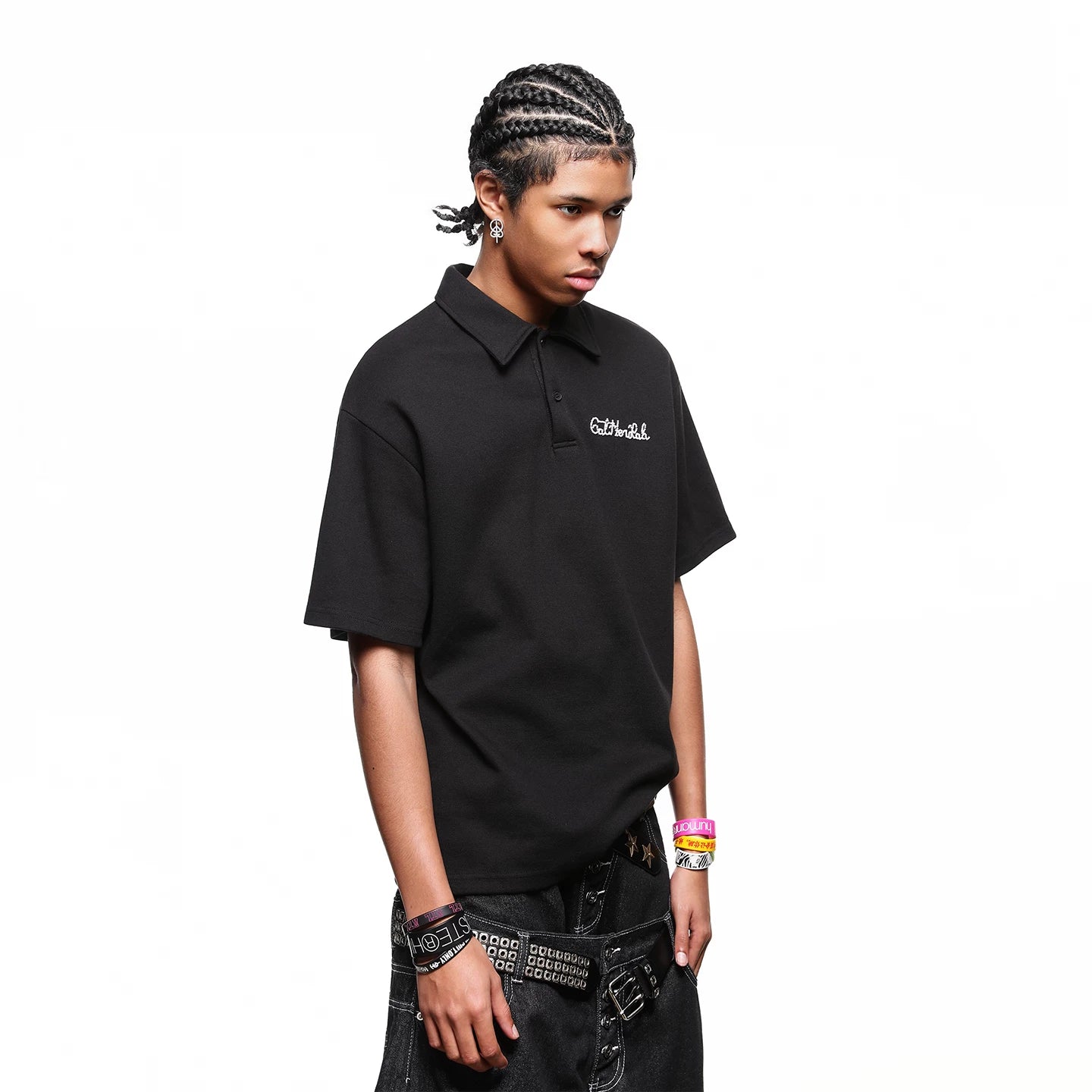 TREND ST Trendy American Retro Letter Embroidered Polo Shirt Short Sleeve Men's Summer Loose Couple Half Sleeve T-shirt