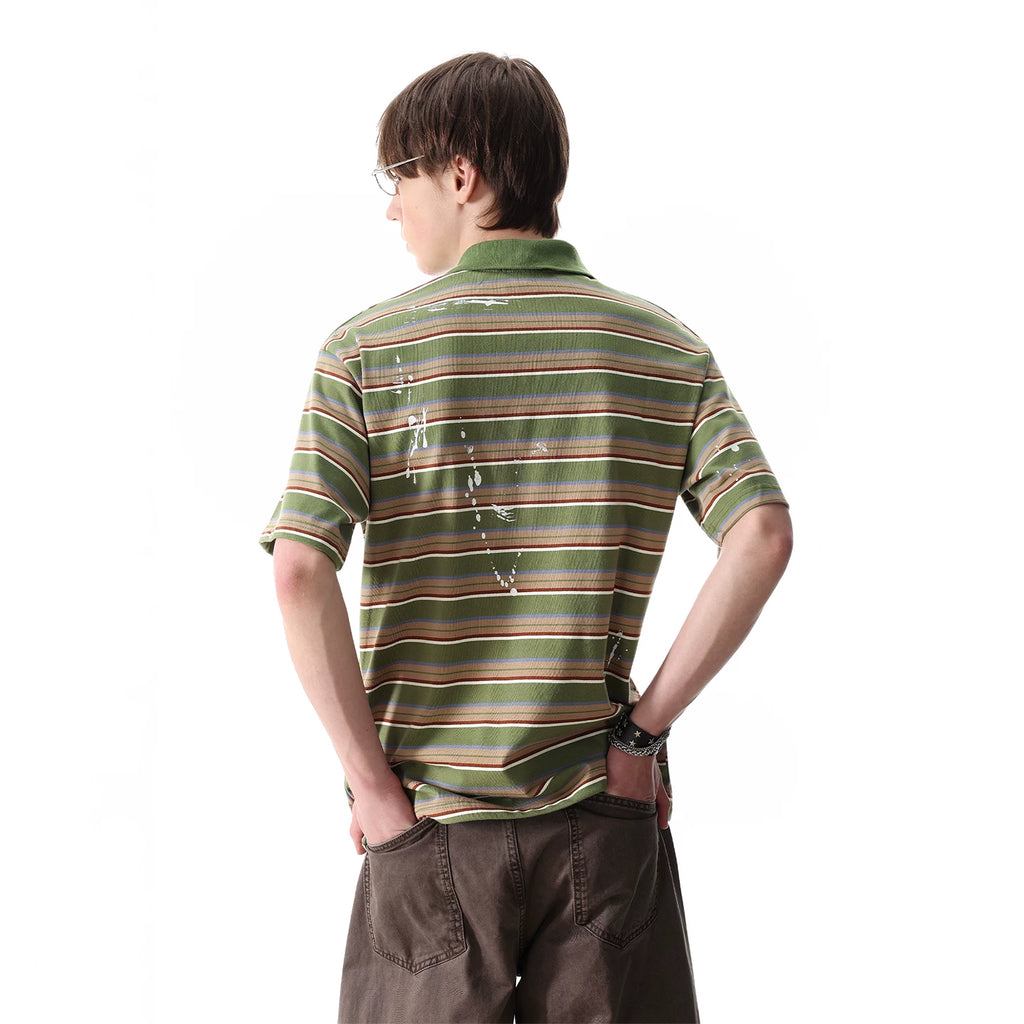 TREND ST American retro contrasting horizontal striped polo shirt short sleeved men's summer splashed ink embroidered loose T-shirt