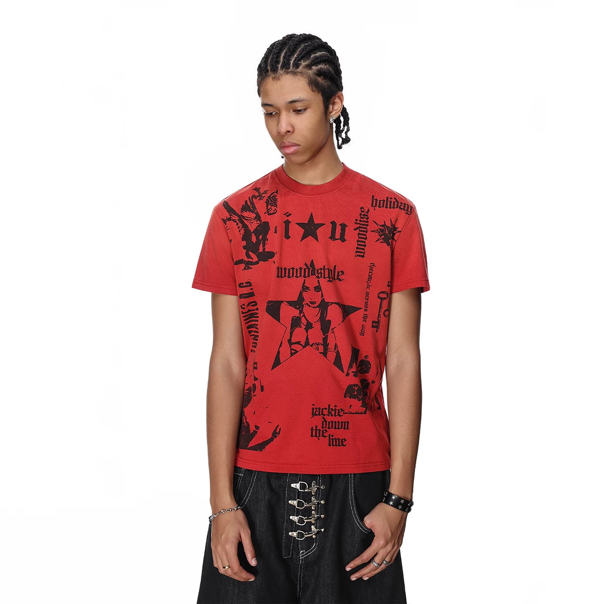 Trendy block light punk style printed shoulder short sleeved T-shirt for men's summer American boxy version couple T-shirt ins