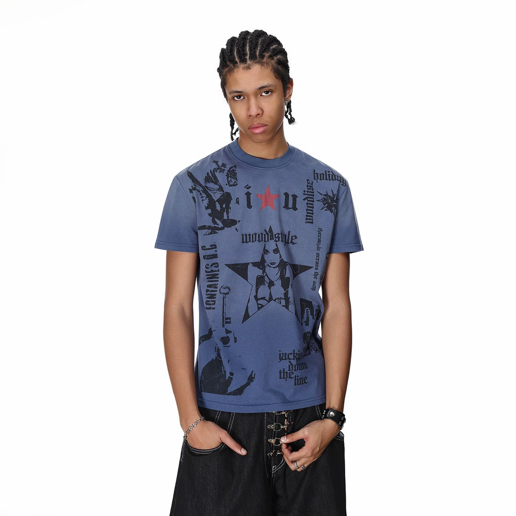 Trendy block light punk style printed shoulder short sleeved T-shirt for men's summer American boxy version couple T-shirt ins