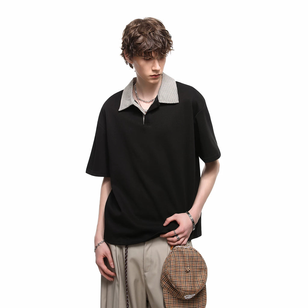 Chao Street Original Genuine Thousand Bird Grid Splicing Polo Collar Super Cool Ice Feeling Loka Air Layer Short Sleeve T-shirt