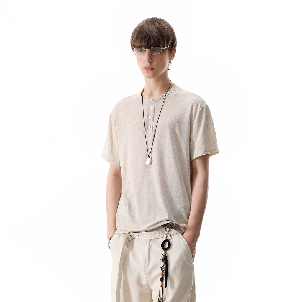 TREND ST Basic Three Color Linen Blended Short Sleeve Summer Old Money Style Henry Collar Shoulder T-shirt Men's and Women's Trendy