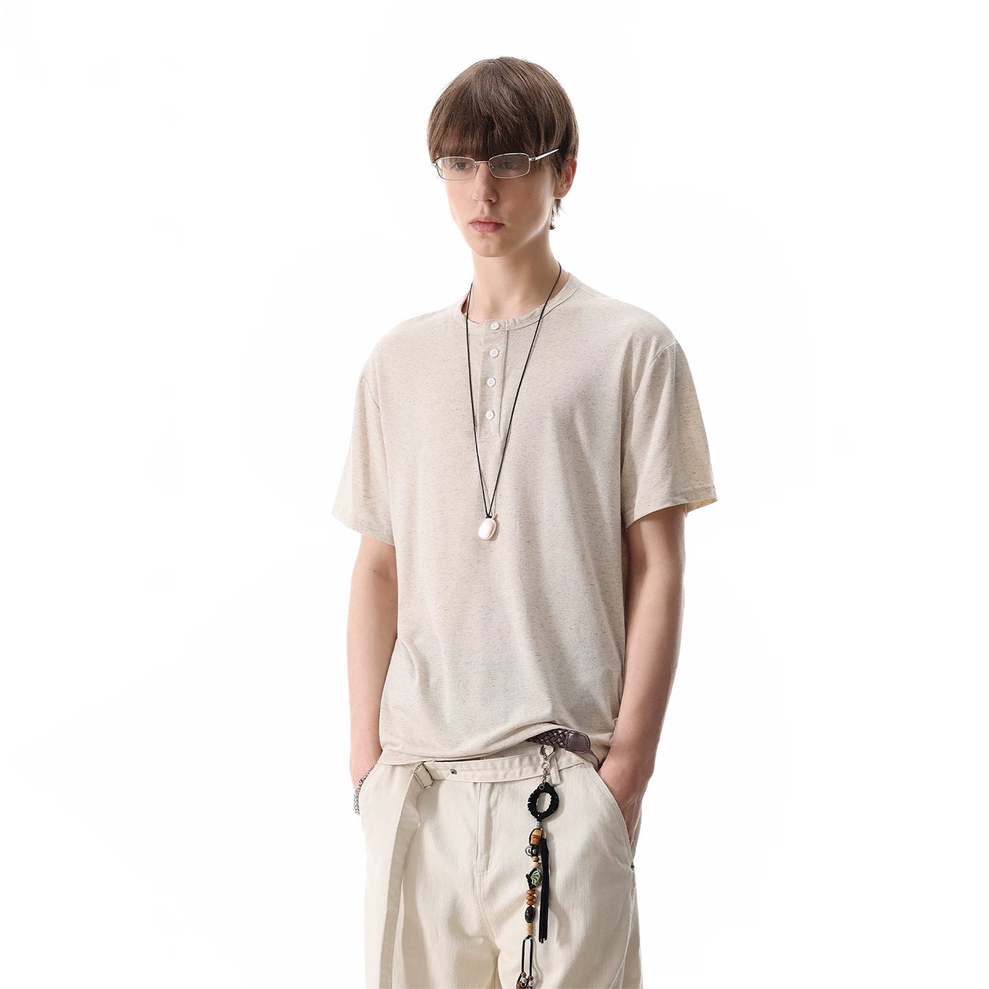 TREND ST Basic Three Color Linen Blended Short Sleeve Summer Old Money Style Henry Collar Shoulder T-shirt Men's and Women's Trendy